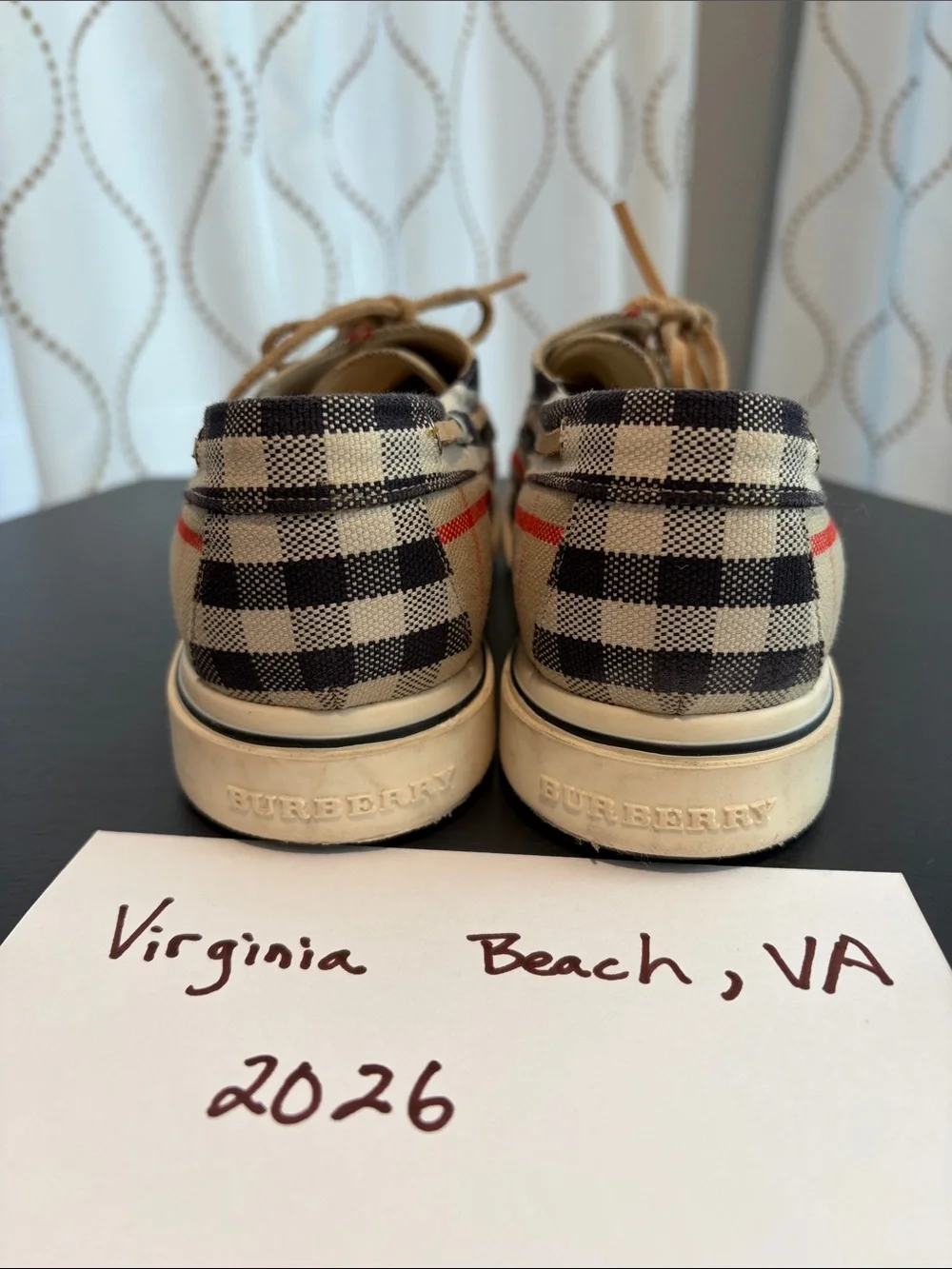 Burberry Beige/Navy/Tan Plaid Boat Shoes